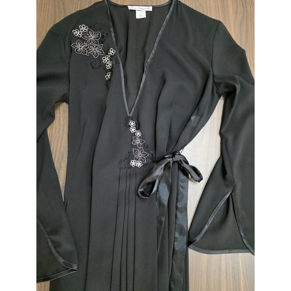 Vintage Linea Donatella Long Black Robe Satin Trim Flower Applique Pleats Small